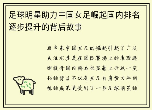 足球明星助力中国女足崛起国内排名逐步提升的背后故事